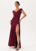 Goddiva Bardot Pleat Maxi Split Dress Wine-red M (UK12)