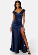 Goddiva Satin Bardot Pleat Maxi With Split Navy XXL (UK18)