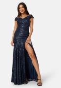 Goddiva Sequin Bardot Pleat Maxi With Split Navy XL (UK16)