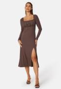 BUBBLEROOM Rushed Square Neck Midi Dress Brown S