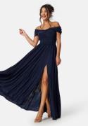 Goddiva Bardot Rouched Maxi Split Dress Navy M (UK12)