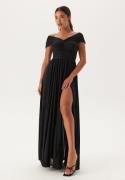 Goddiva Bardot Rouched Maxi Split Dress Black XS (UK8)