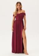 Goddiva Bardot Rouched Maxi Split Dress Berry XL (UK16)