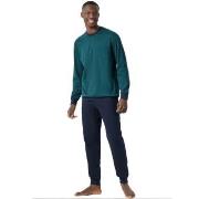 Schiesser Essential Nightwear Pyjamas Crew Neck Blå/Grön bomull XX-Lar...