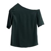 Ahlvar Gallery Off-shoulder silkesblus med broderisöm Green, Dam