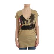 Costume National Beige Motivtryck V-Hals T-Shirt Beige, Dam