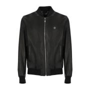 Philipp Plein Svart läderjacka med rund hals och logodetaljer Black, H...