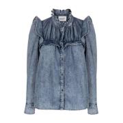 Isabel Marant Étoile Rynkad Denim Skjorta med Volanger Blue, Dam