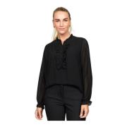 2-Biz Feminin blus med mesh-ärmar och volangdetaljer Black, Dam