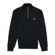 Fred Perry Marinblå Half Zip Sweatshirt med Ränder på Ryggen Blue, Her...