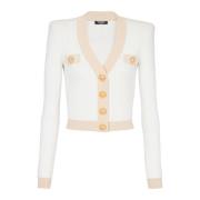 Balmain Kort stickad kofta med guldkant White, Dam