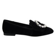 Dolce & Gabbana Svarta Velvet Kristall Loafers Flats Skor Black, Dam