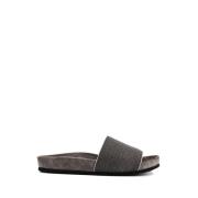 Brunello Cucinelli Glittrande Lammskinn Sliders Black, Dam