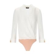 Elisabetta Franchi Ivory Georgette Bodysuit Skjorta med Rhinestone och...