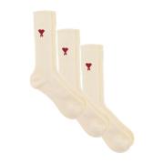 Ami Paris Broderad Logotyp Ribbstickade Bomullsstrumpor Tri-Pack White...