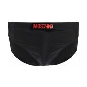 Moschino Badkläder, Svart/Röd Logo-Bokstavering Simbyxor med Stretch-D...