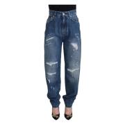 Dolce & Gabbana Blå Tvättad Bomull Tattered Denim Jeans Blue, Dam