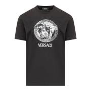 Versace Svart Crew Neck T-shirt med Broderad Medusa-logotyp Black, Her...