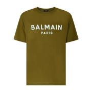 Balmain Khaki och Vit Logo-Print T-Shirt Green, Herr