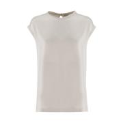 Brunello Cucinelli Silkesatin Crew Neck Top White, Dam