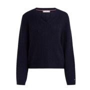 Tommy Hilfiger V-ringad Stickad Tröja med Tvinning Blue, Dam