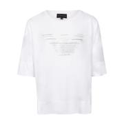 Emporio Armani T-shirt med Rhinestone-Logo och Asymmetrisk Hem White, ...