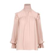 N21 Bomull Turtleneck Blus med Volanger Pink, Dam