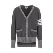 Thom Browne Grå och vit bomullstickad kofta med Hector Intarsia Gray, ...