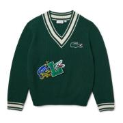 Lacoste Randig V-Hals Tröja med Comic Book Effekt Badge Green, Herr