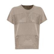 Le Tricot Perugia Linne Meshstickad Crew Neck Tröja Beige, Dam