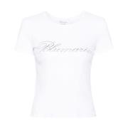 Blumarine Vit T-shirt med Rhinestone Logo White, Dam