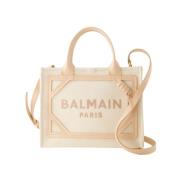 Balmain Canvas Liten Shopper Väska med Justerbar Rem Beige, Dam