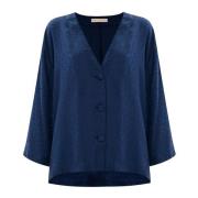 Kocca Elegant blus med djurtryck och tygklädda knappar Blue, Dam