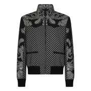 Balmain Svart nylonbomberjacka med Mini Monogram och Paisley-tryck Bla...