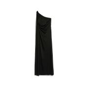 Max Mara Lång Enaxlad Klänning i Svart Satin Black, Dam