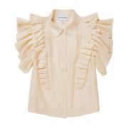 Munthe Feminin Top med Ruffle Ärmar och Skjortkrage Beige, Dam