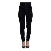 Dolce & Gabbana Leopard Print Denim Jeans Black, Dam