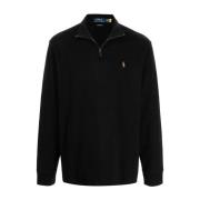 Ralph Lauren Bomulls Half-Zip Sweatshirt med Läderdetaljer Black, Herr