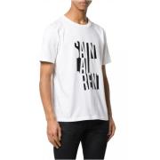 Saint Laurent Bomull Logo T-shirt - Vit Rund Hals Kort Ärm White, Herr