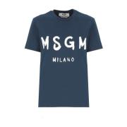 Msgm Blå Bomullst-shirt med Logo Blue, Dam