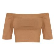 Cortana Silk Stretch Off-Shoulder Crop Top Brown, Dam