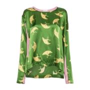 Dries Van Noten Silkeblandning Panel Design Skjorta Green, Dam