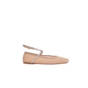 Amina Muaddi Nude Mesh Kristall Ankel Ballett Flats Beige, Dam