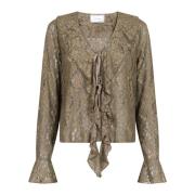 Neo Noir Spets V-ringad blus med volangdetaljer Beige, Dam