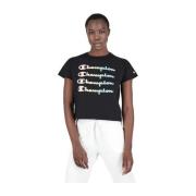 Champion Svart Triple Logo Crop Top Tee Black, Dam