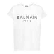 Balmain Eco-designad bomull T-shirt med rhinestone logo White, Dam