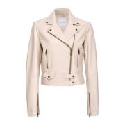 PINKO Beige Läder Bikerjacka med Metall Detaljer Beige, Dam