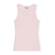 Ganni Rib Tank Top med Front Logo Pink, Dam