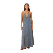 Semicouture Chambray Maxi Klänning med Korsrygg Gray, Dam