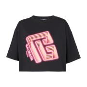 Balmain Kortärmad T-shirt med neontryckt labyrintlogo Black, Dam